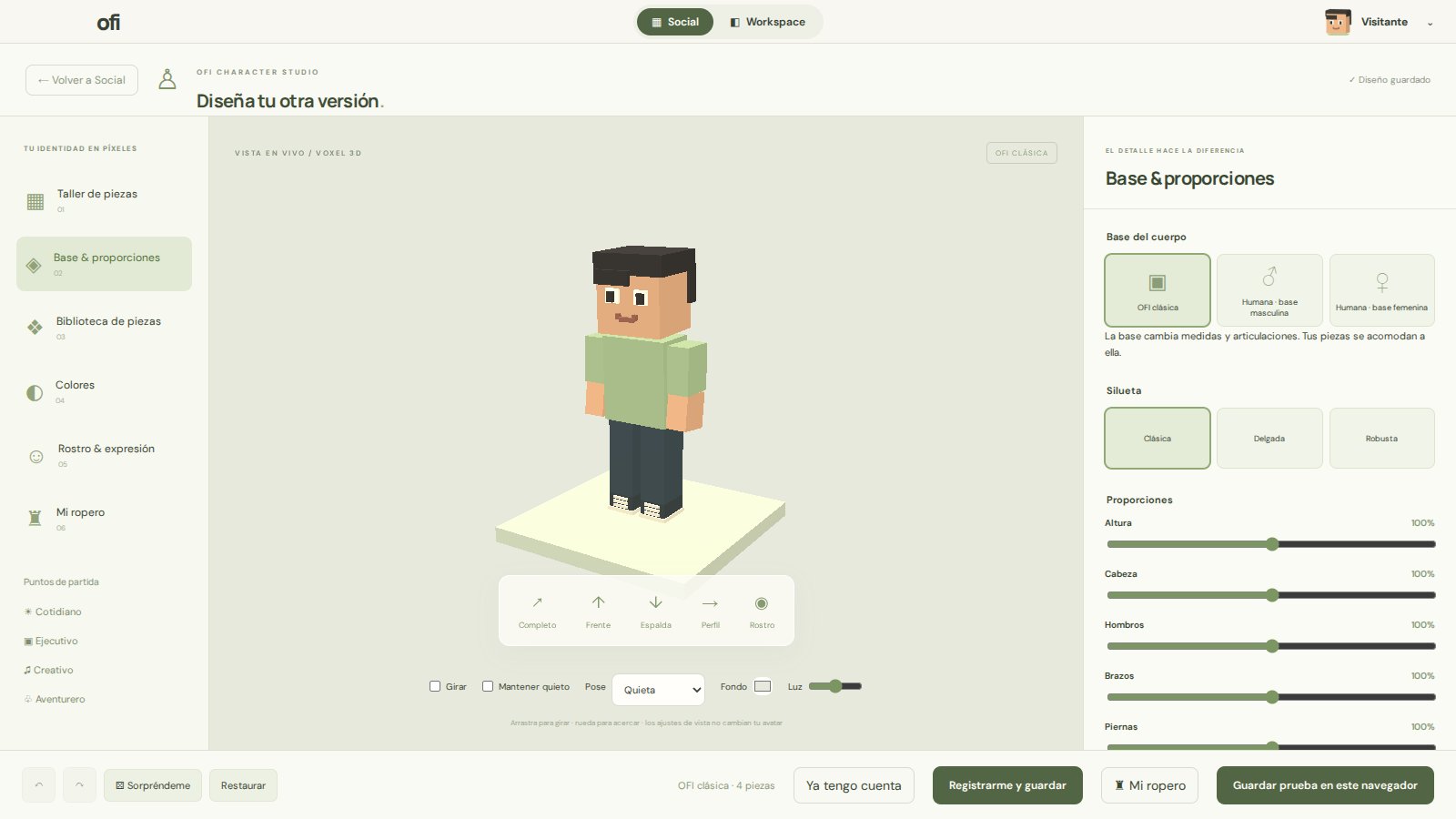 El Character Studio de OFI: un avatar de vóxeles con los controles de base y proporciones