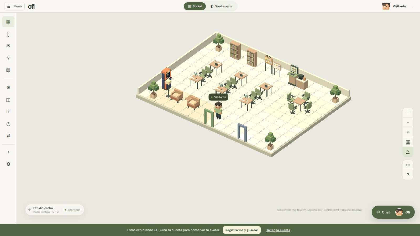 La oficina de ejemplo de OFI: escritorios, sillones, plantas y una máquina arcade en vista isométrica