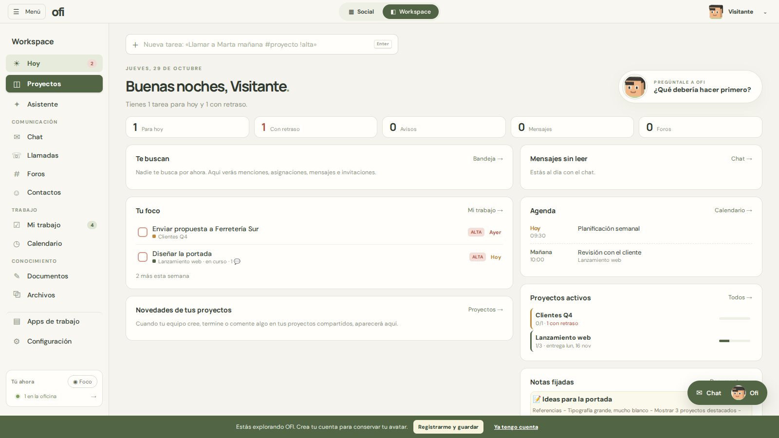 El workspace de OFI: la portada «Hoy» con tareas, agenda y proyectos activos
