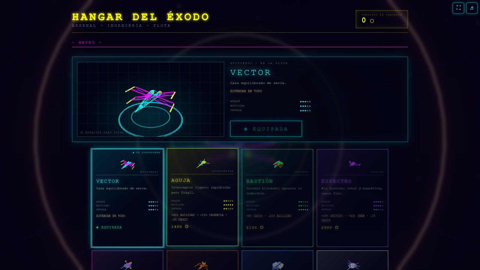 El Hangar del Éxodo, con las naves Vector, Aguja, Bastión y Espectro