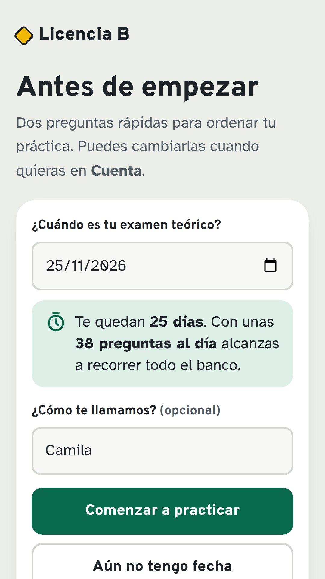 La bienvenida calcula el ritmo de práctica según la fecha del examen